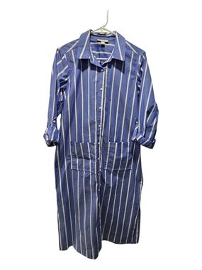 Striped Blue Maxi Shirt Dress with Front Pockets Size S .